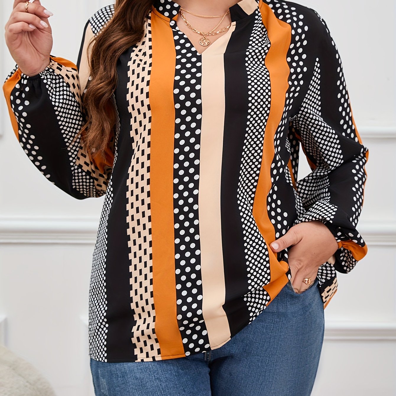  Dot Print Lantern Sleeve V Neck Blouse