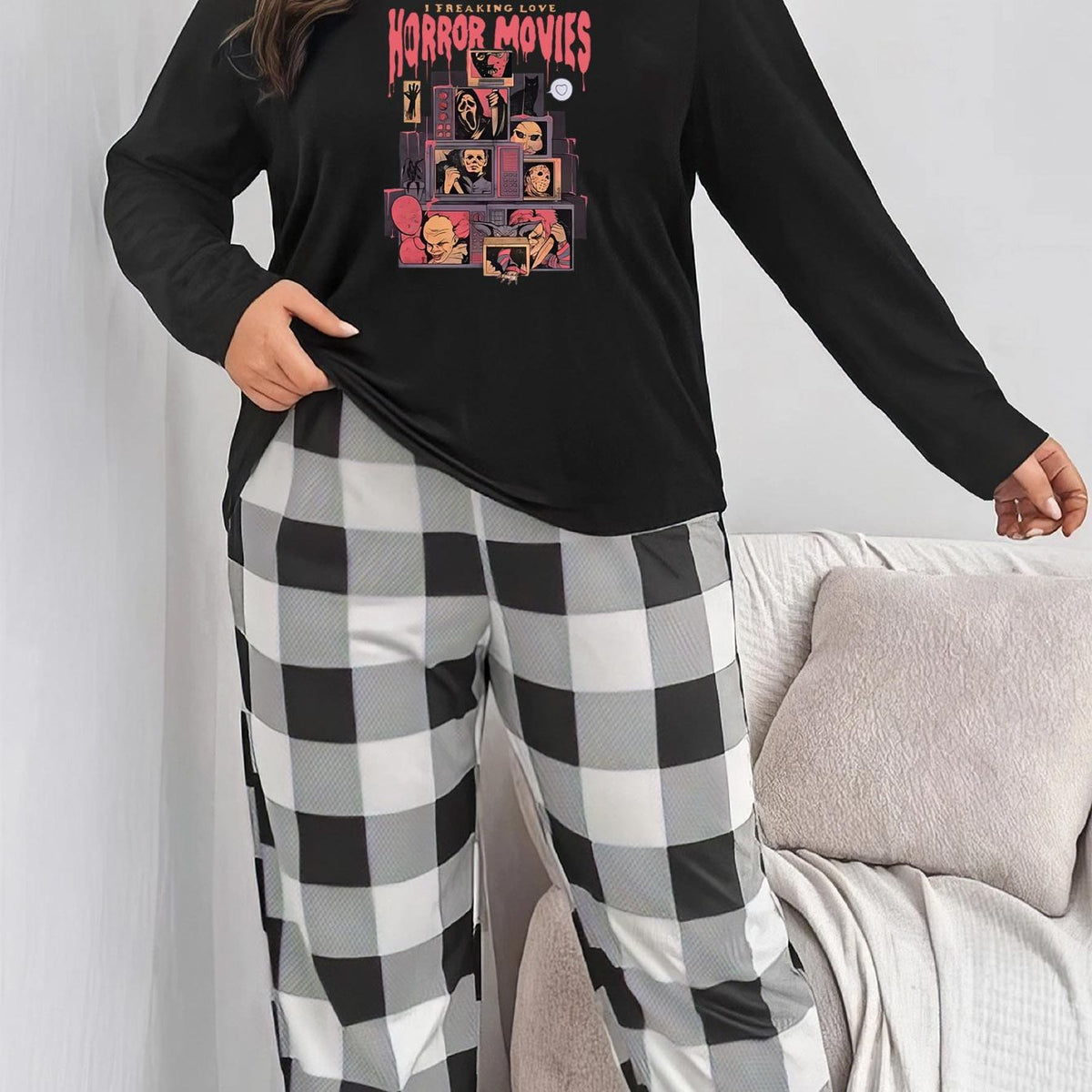  Halloween Pajama Set Women's Gingham & Horror Print Long Sleeve Tee