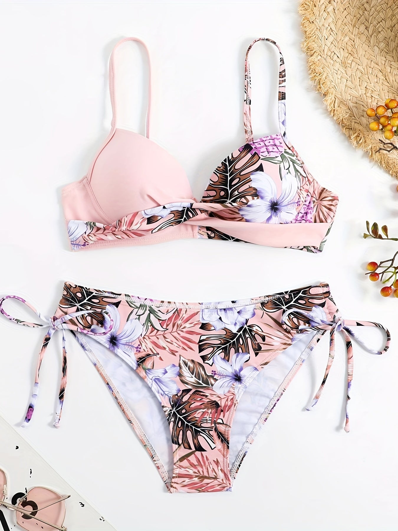 Tropical Print V Neck Bikini Set Ruched Spaghetti Straps Tie Side Swimsuit