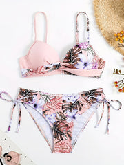 Tropical Print V Neck Bikini Set Ruched Spaghetti Straps Tie Side Swimsuit