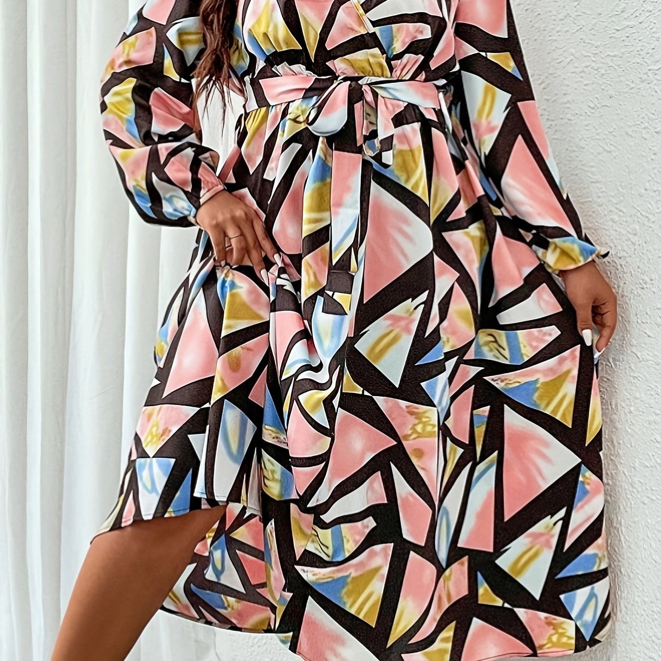 Colorblock Geo Print Long Sleeve Surplice Neck Dress