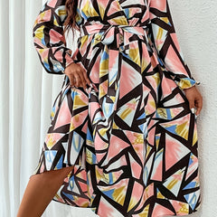 Colorblock Geo Print Long Sleeve Surplice Neck Dress