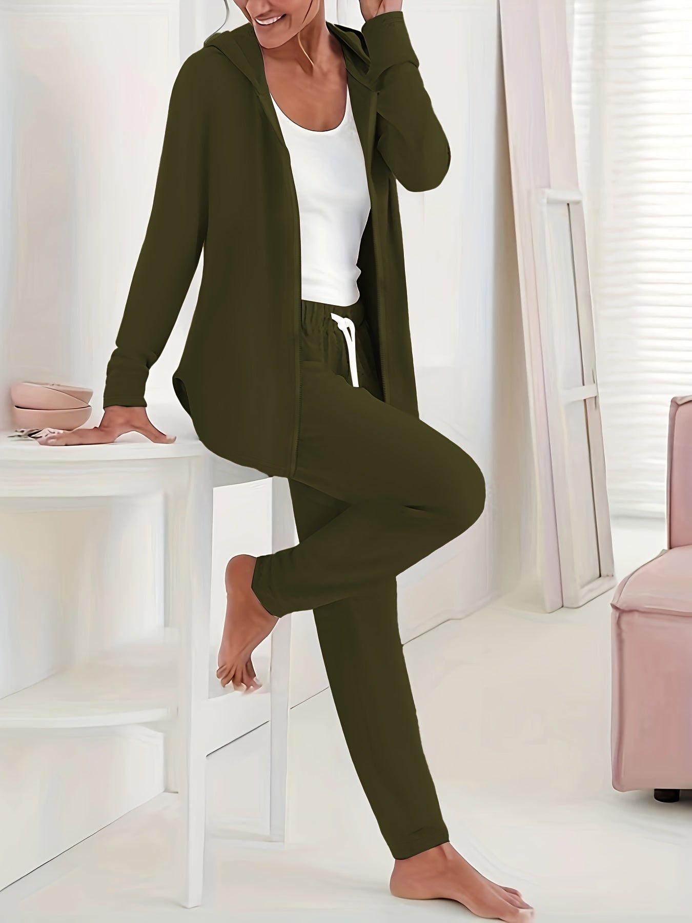  Solid Hooded Zip Coat & Drawstring Pants Set
