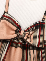 Baby Girls Block Plaid Bow knot Ruffle Sleeve Dress & Headband