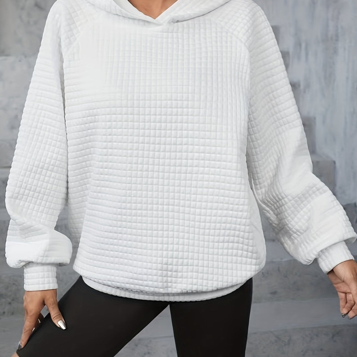 Waffle Loose Hoodie Long Sleeve Sweatshirt Women's