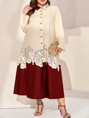 Abaya Dress Women's Plus Colorblock Floral Print Long Sleeve