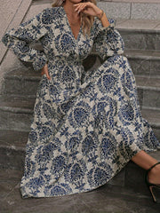  Damask Print Maxi Dress V Neck Flounce Sleeve Waist Nipped