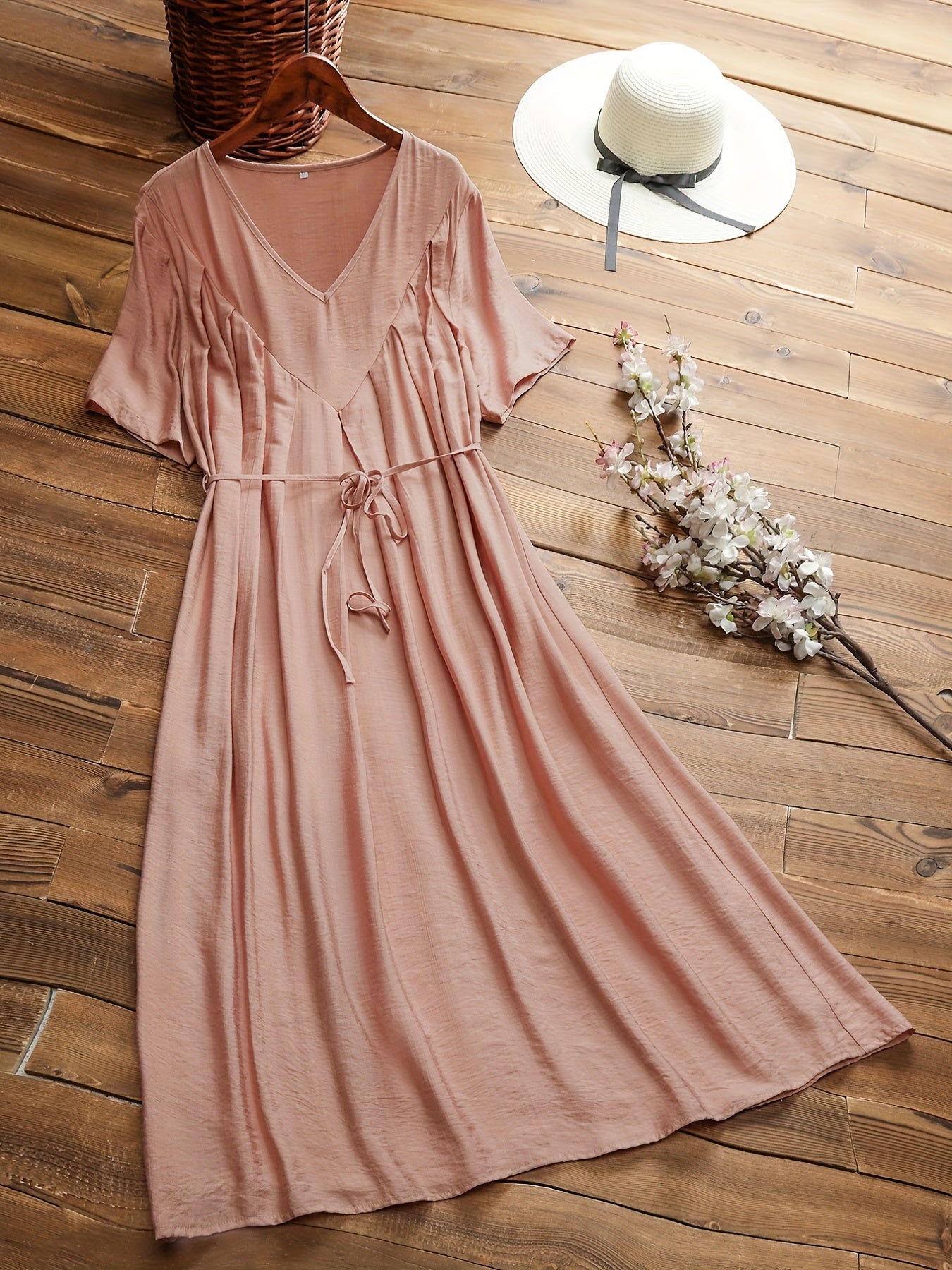  V-Neck Belted Pleated Dress