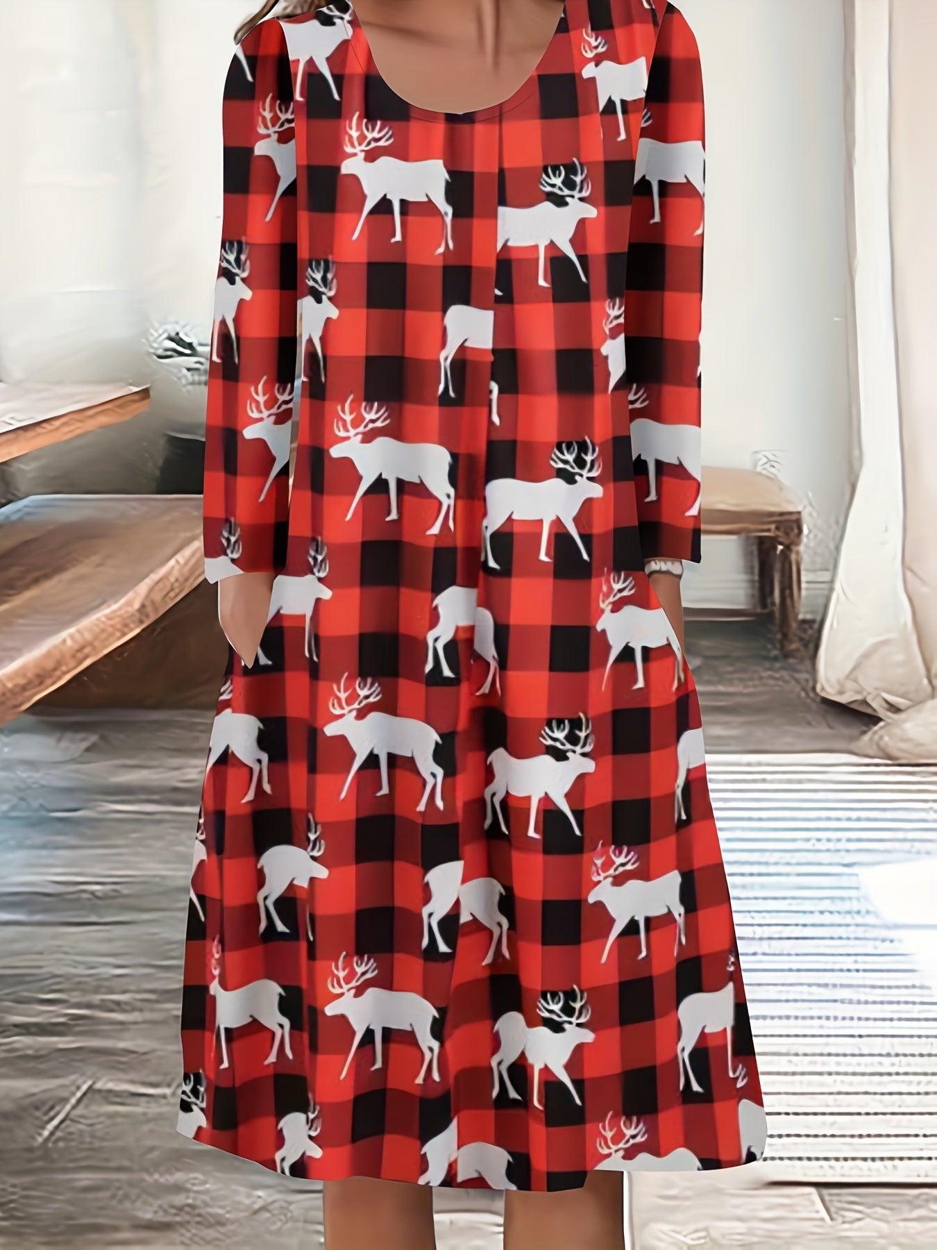  Christmas Casual Dress Women's Gingham & Deer Print Long Sleeve Dress