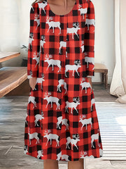  Christmas Casual Dress Women's Gingham & Deer Print Long Sleeve Dress