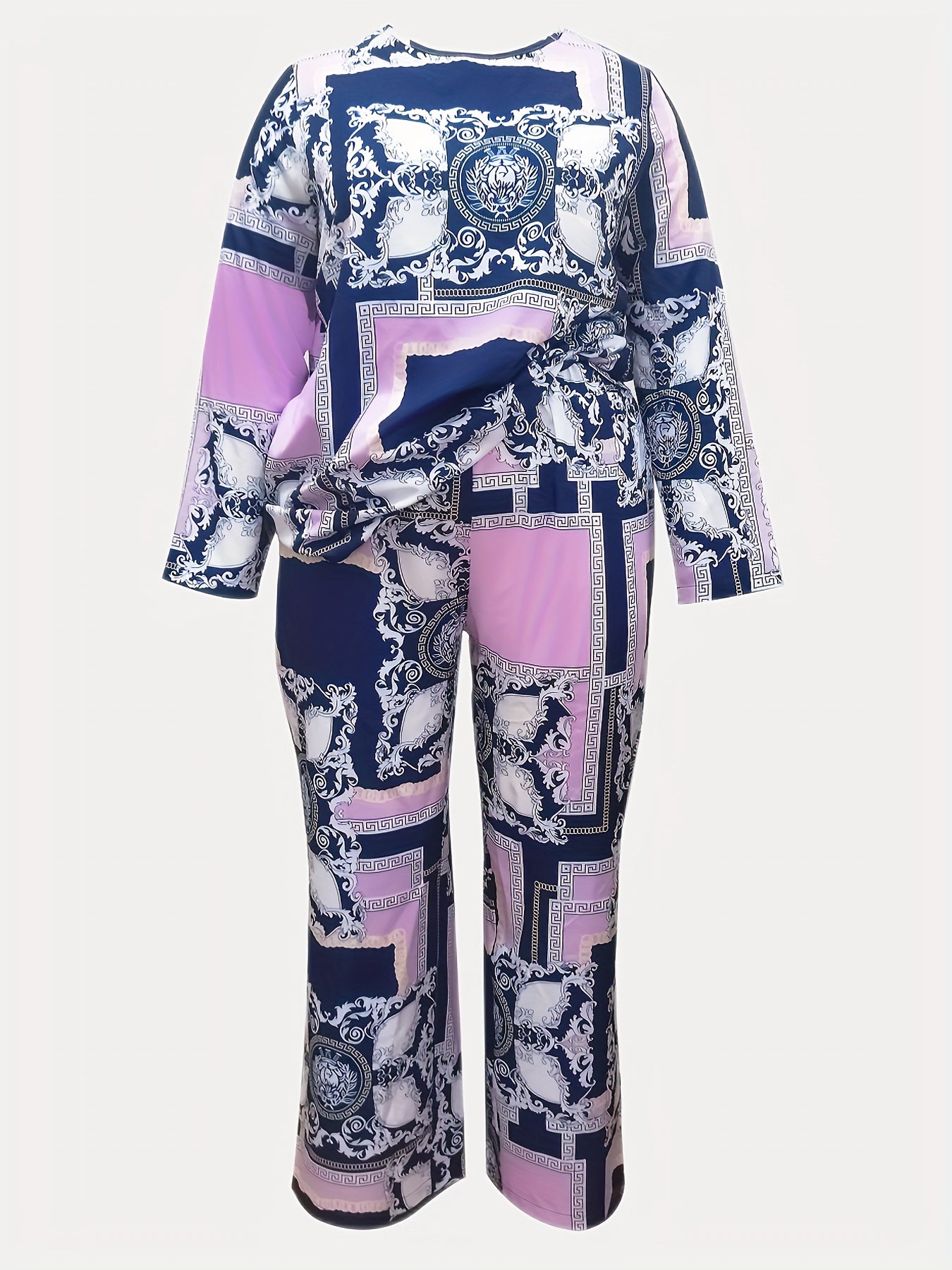  Baroque Print Top & Wide Leg Pants Set