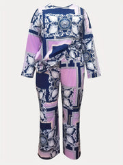  Baroque Print Top & Wide Leg Pants Set