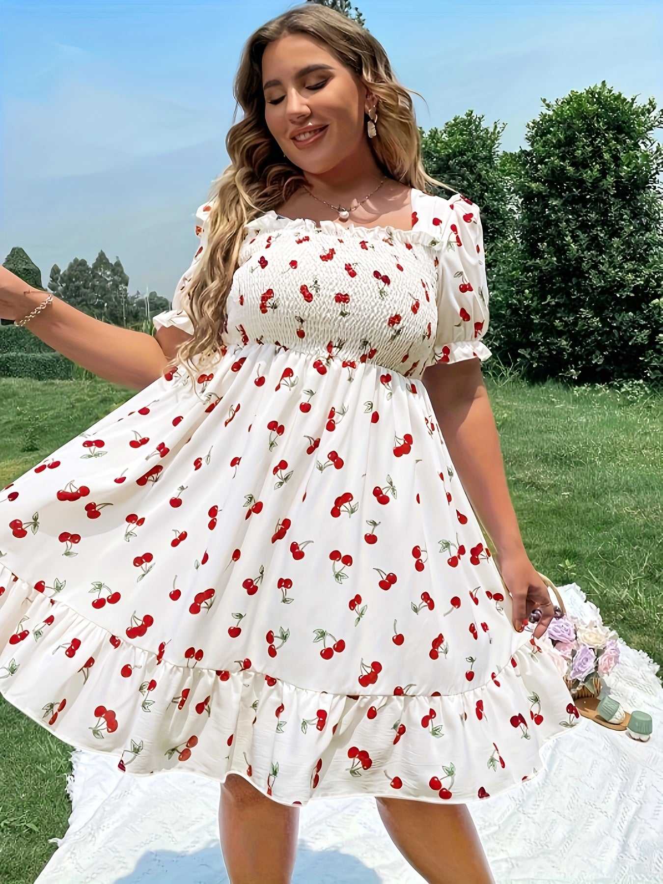 Plus Size Women's Cherry Print Ruffle Trim Puff Sleeve A-Line Dress