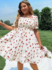 Plus Size Women's Cherry Print Ruffle Trim Puff Sleeve A-Line Dress