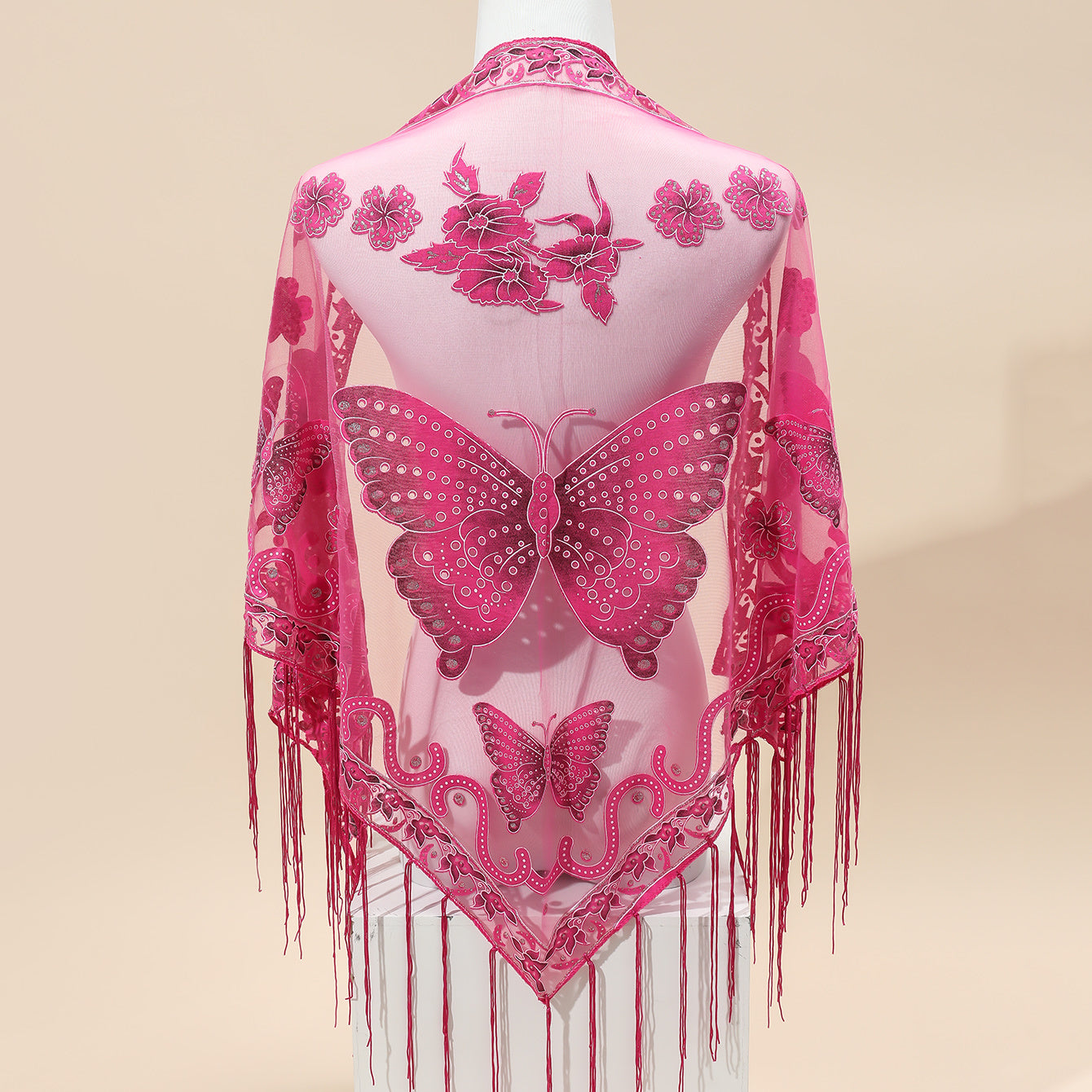 Triangle Scarf Butterfly Flower Embroidery Lace Tassel Shawl