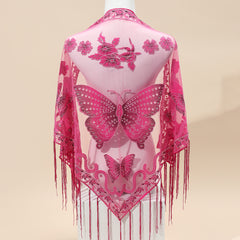 Triangle Scarf Butterfly Flower Embroidery Lace Tassel Shawl