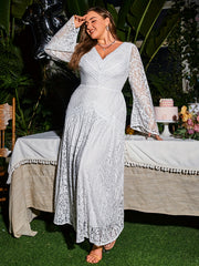  Lace V Neck Bell Sleeve Maxi Bridesmaid Dress