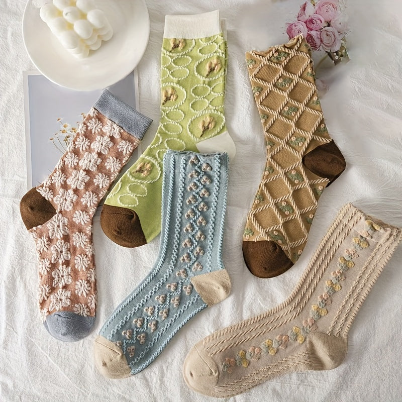 6 Pairs 3D Floral Textured Socks Retro Style Mid Tube Women's Stockings