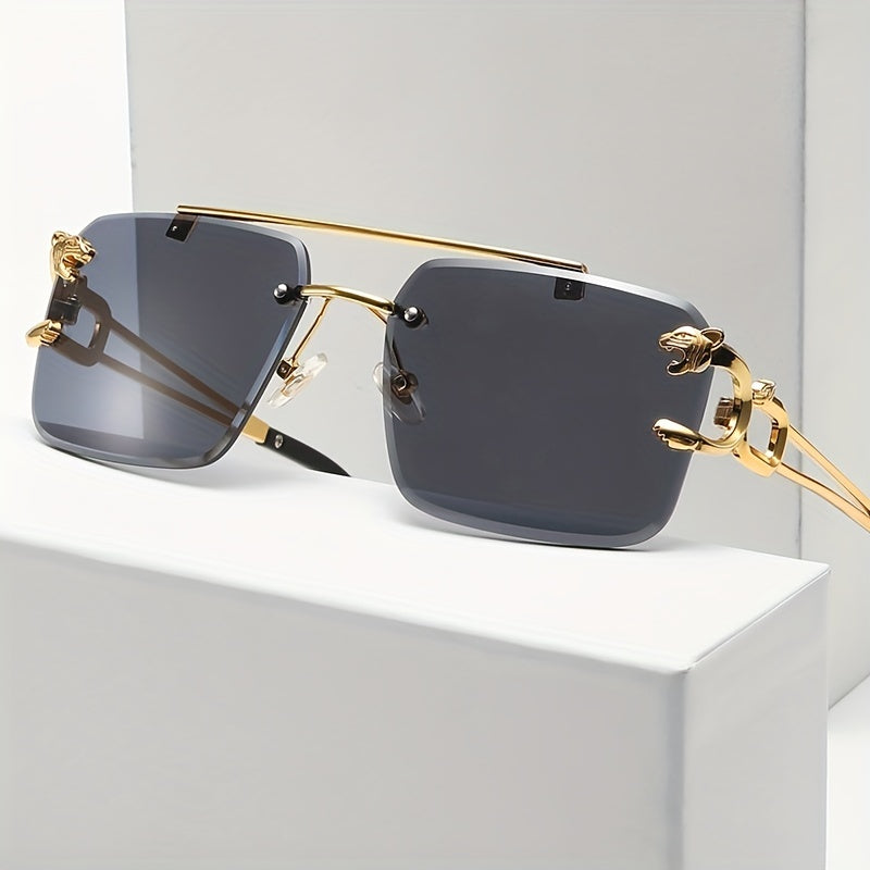 Men's Rimless Leopard Decor Sunglasses UV Protection