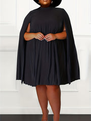  Dress Women's Plain Cloak Pleated Round Neck Dress