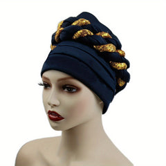 Sequin Braid Turban Cap Pleated Head Wrap Elastic Bonnet Chemo Hats