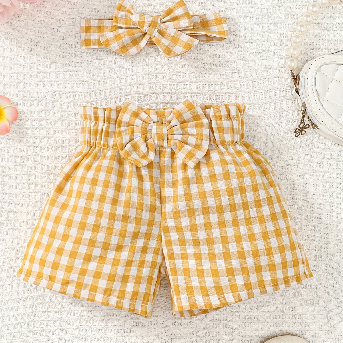 Toddler Girl's Plaid Ruffle Shorts with Bowknot