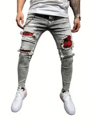 Mens Ripped Jeans Paint Splatter Chain Casual Street Style Denim Pants