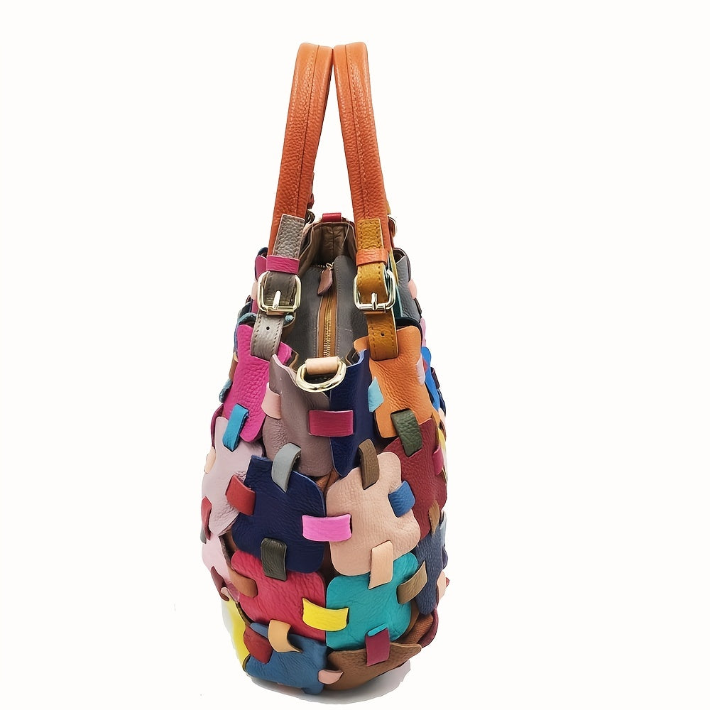 Patchwork Tote Bag Leather Shoulder Bag Casual Commuter Bag