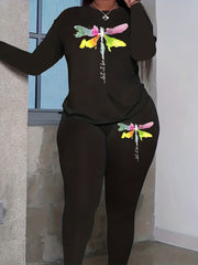  Letter & Dragonfly Print Tee & Legging Set