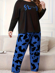  Eyelash & Cow Print Long Sleeve Round Neck T shirt & Pants Pajamas Set