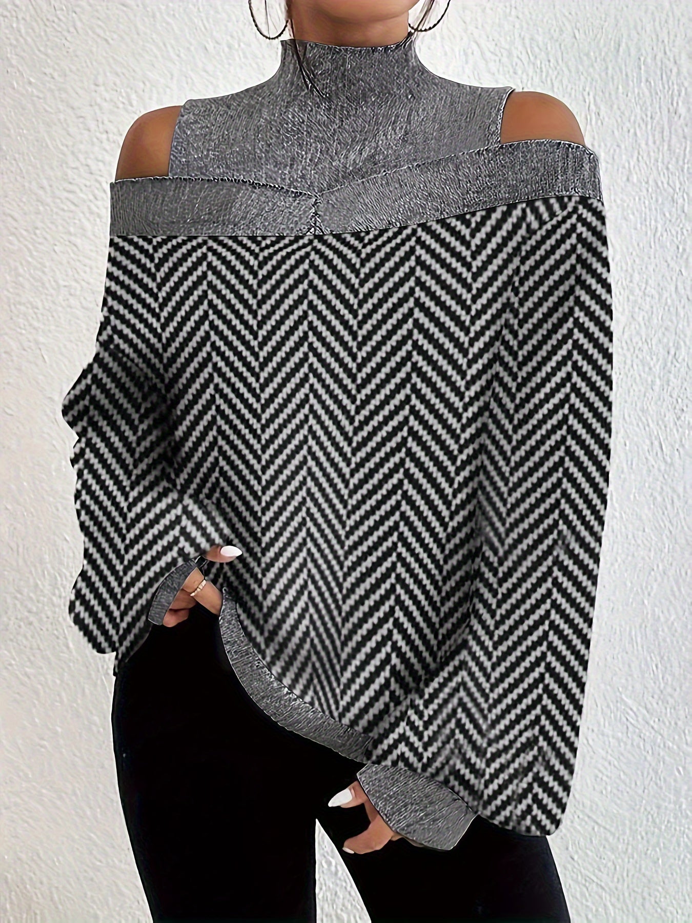  Colorblock Chevron Print Cold Shoulder Long Sleeve Jumpsuit
