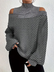  Colorblock Chevron Print Cold Shoulder Long Sleeve Jumpsuit