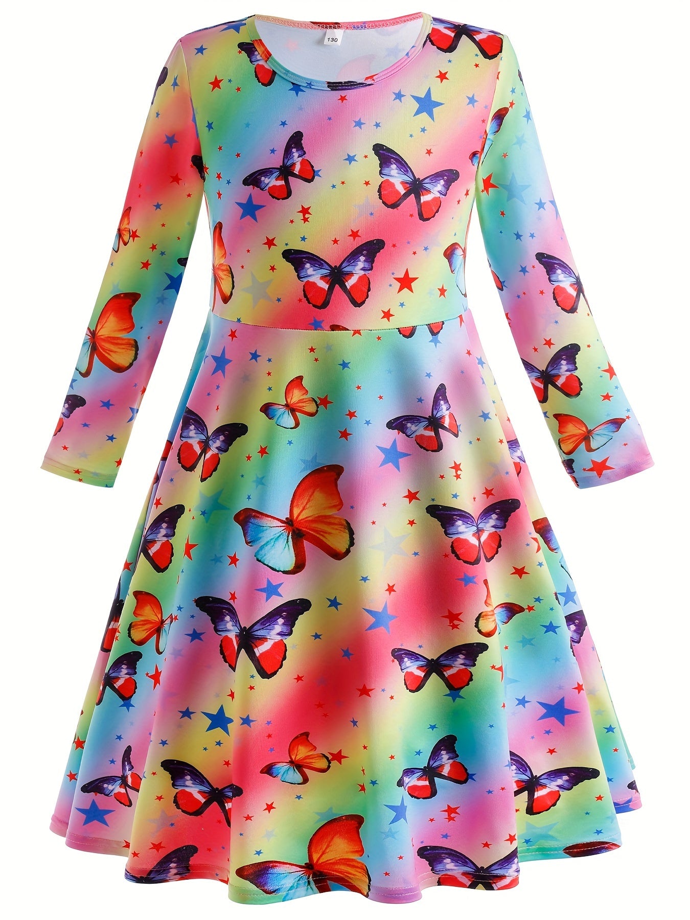 Butterfly Graphic Crew Neck Long Sleeve Dress Girls