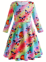Butterfly Graphic Crew Neck Long Sleeve Dress Girls