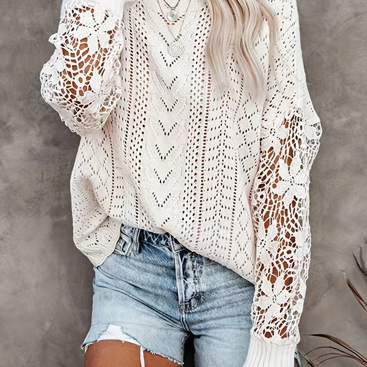 Solid Crew Neck Lace Pullover Sweater for Women