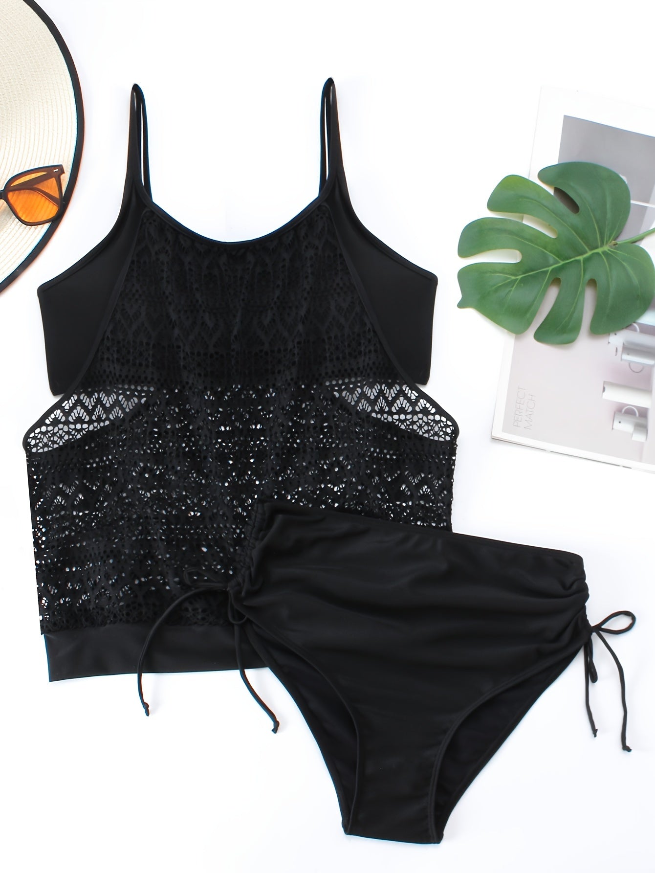  Lace Cut Out Cami Top & Lace Up Side Panty Swimsuit Set