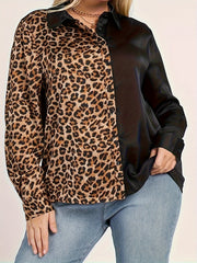  Colorblock Leopard Print Button Up Long Sleeve Blouse