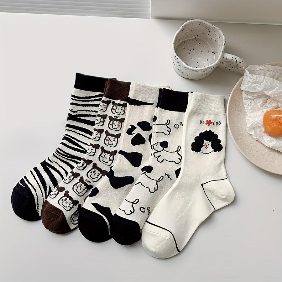 5 Pairs Cartoon Print Comfy Mid Tube Socks Women's Stockings
