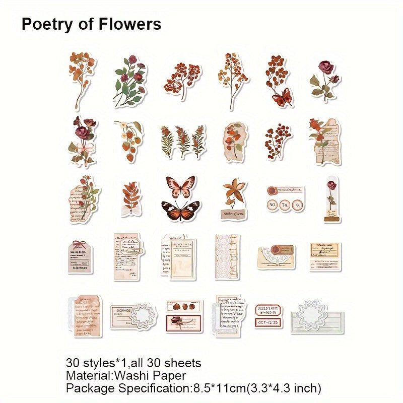 30 Vintage Plant Washi Stickers Retro Scrapbooking DIY Bullet Journal