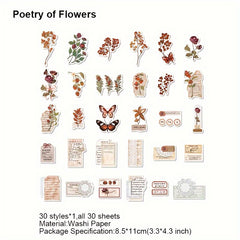 30 Vintage Plant Washi Stickers Retro Scrapbooking DIY Bullet Journal