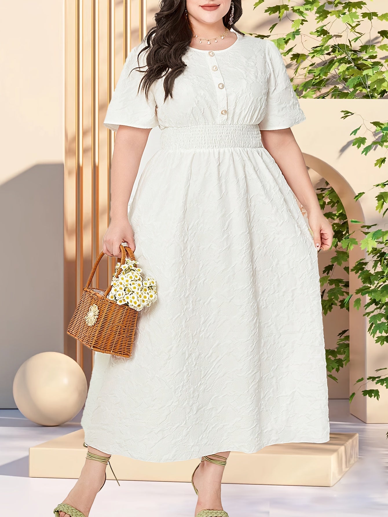  Solid Textured Button Decor Maxi Dress
