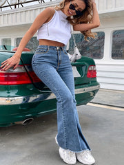  Button Fly Fringe Trim High Rise Flare Leg Jeans