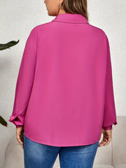 Solid Laser Cut Button Up Long Sleeve Plus Size Blouse