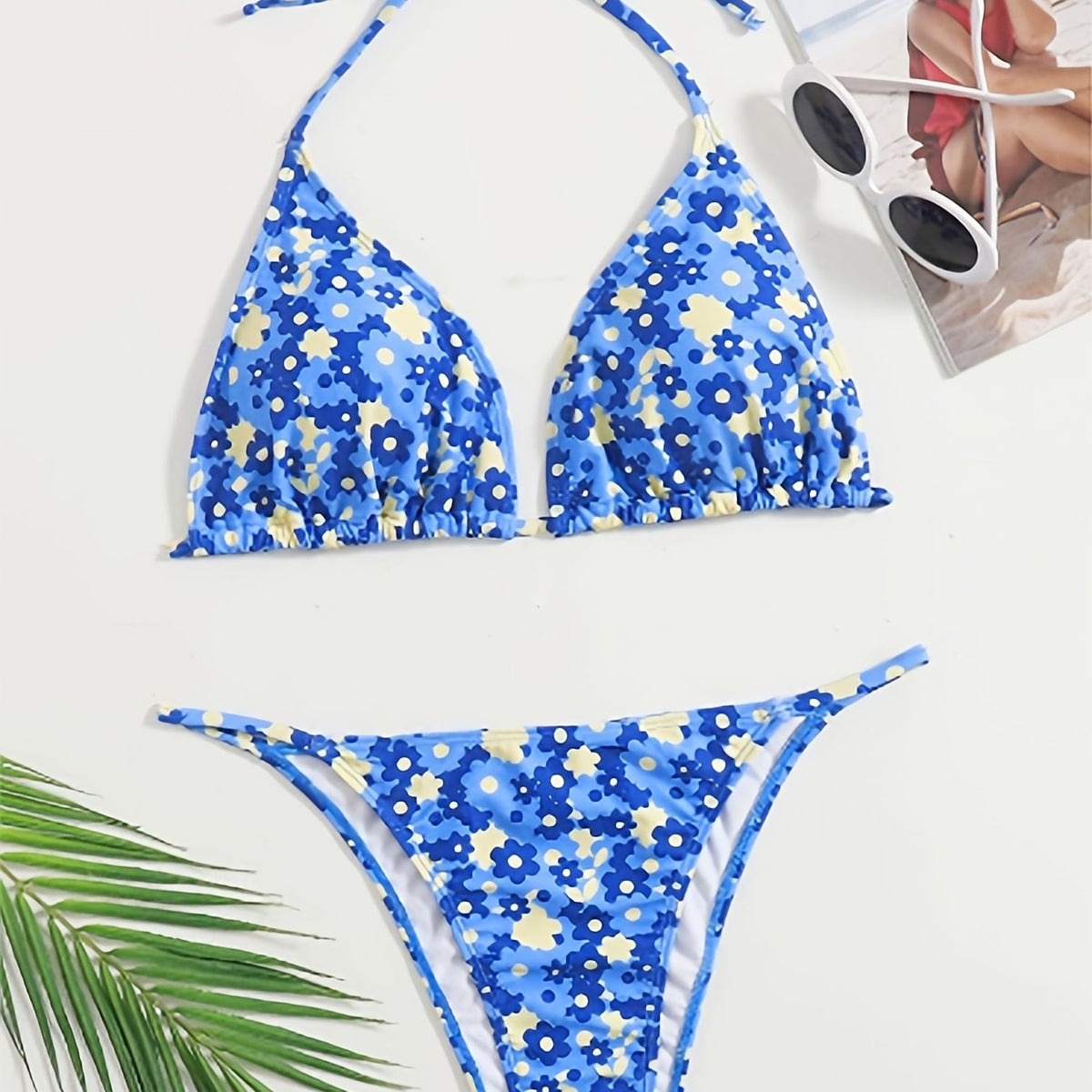  Ditsy Floral Halter Neck Bikini Set Women's High Stretch Swimsuit