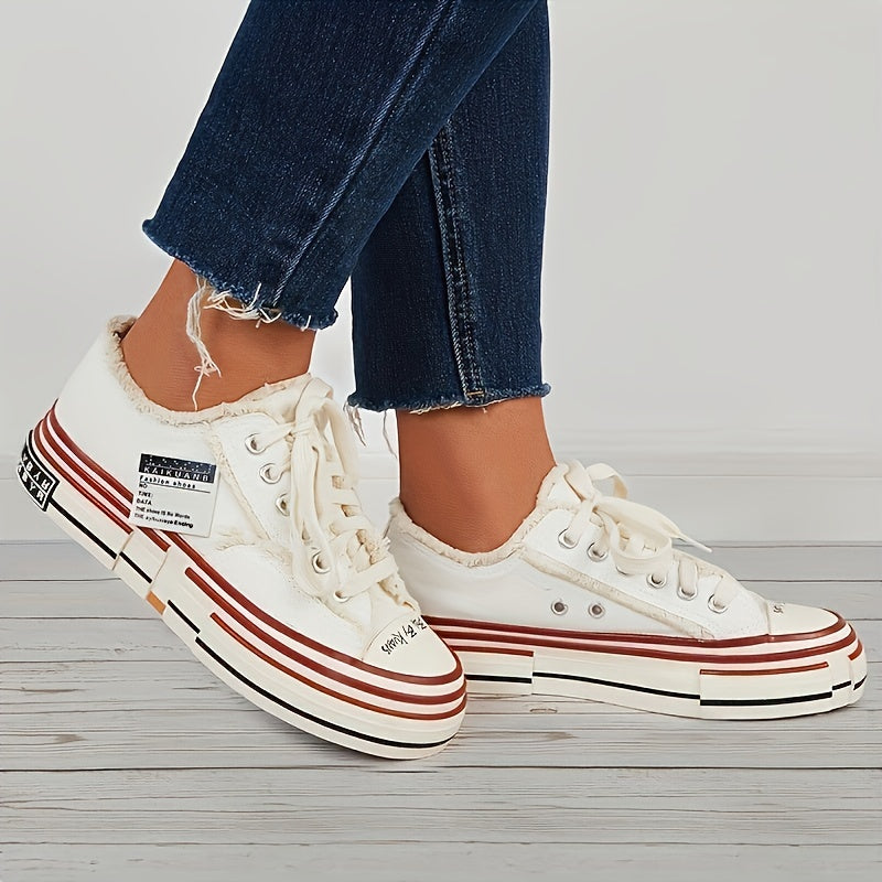 Vintage Letter Patched Raw Trim Skate Shoes for Women