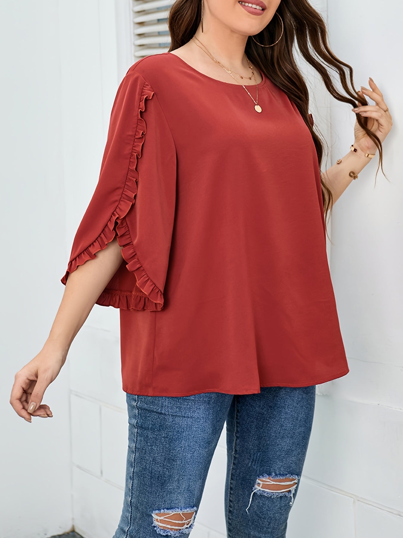  Frill Trim Solid Blouse Women's Plus Round Neck Blouse