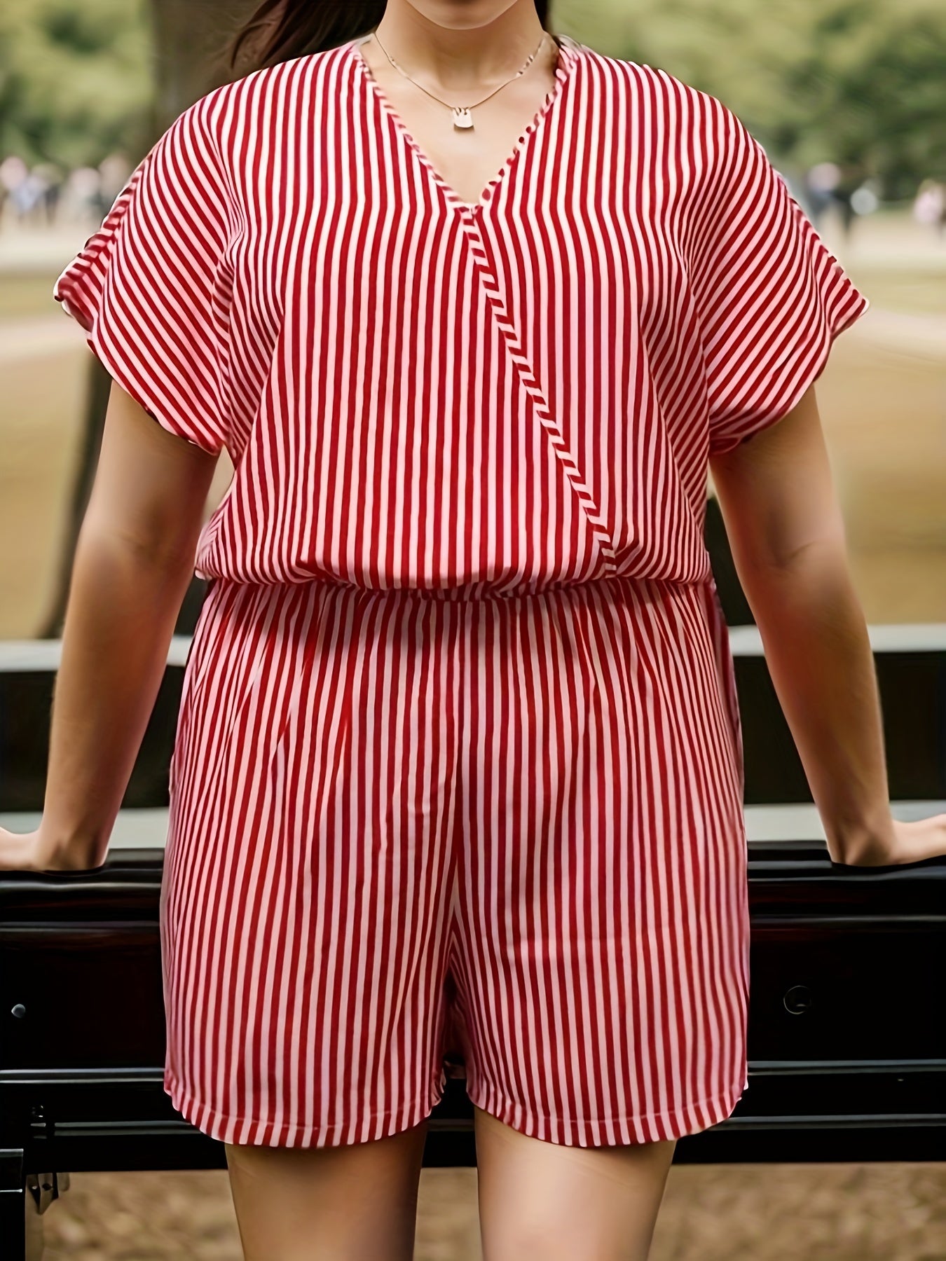  Stripe Print Batwing Sleeve Surplice Neck Romper