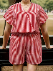  Stripe Print Batwing Sleeve Surplice Neck Romper