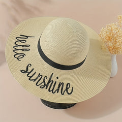 Hellow Sunshine Embroidery Sun Hat Wide Brim Sunscreen Straw Hat