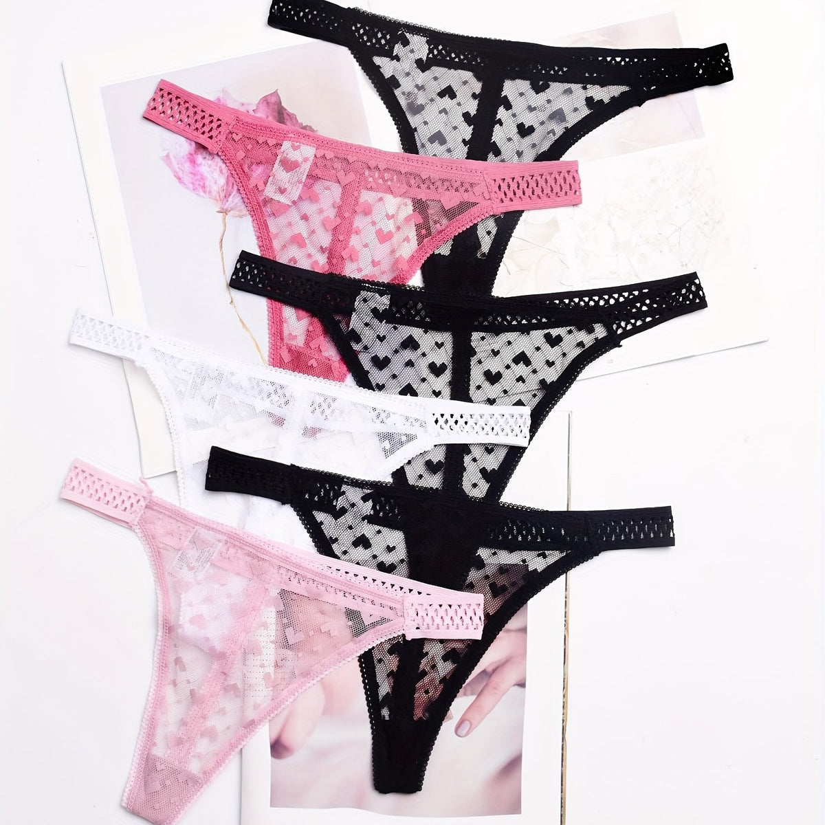 6pcs Heart Print Mesh Thongs Women's Lingerie & Underwear